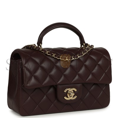 CHANEL MINI RECTANGULAR FLAP WITH TOP HANDLE LAMBSKIN LIGHT GOLD HARDWARE (20*13*6cm)